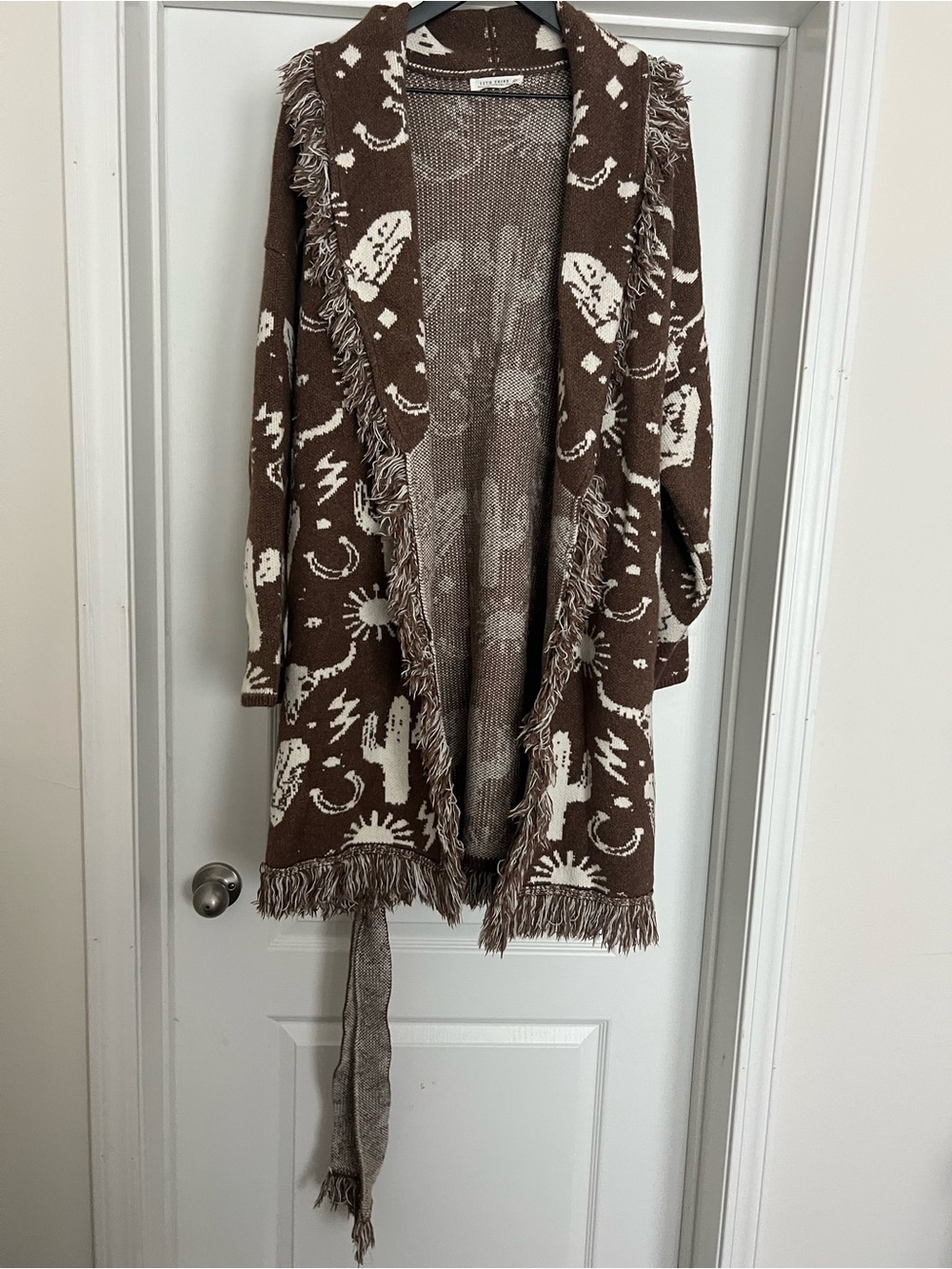 Fringe Open Front Brown & Cream Patterned Cardigan